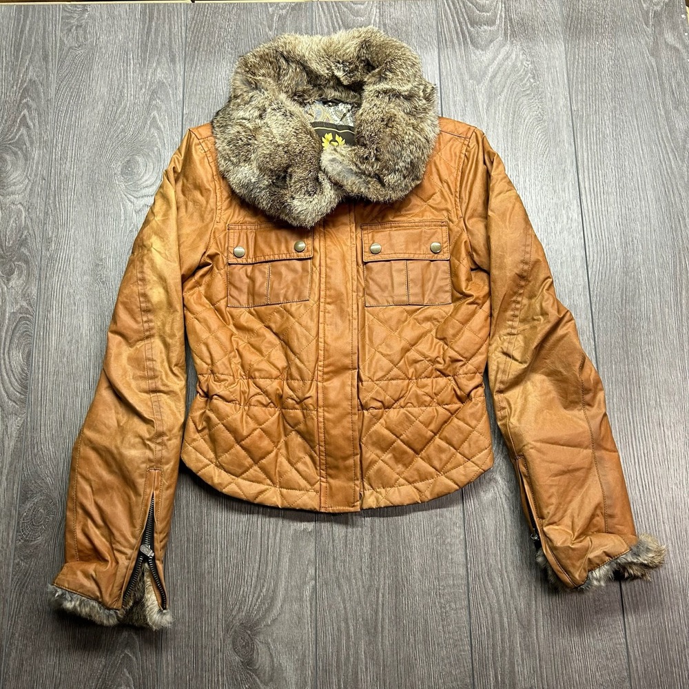 Belstaff Gold Label Quilted Wax Cotton Rabbit Fur Collar Jacket Tan Biker IT 42